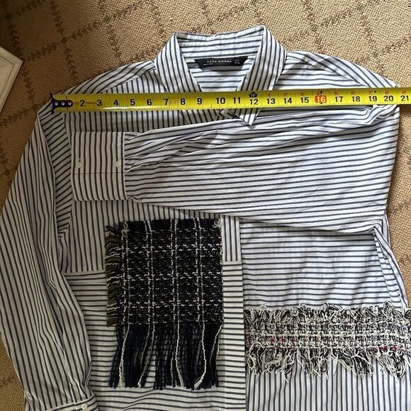Zara blue and white striped contrast tweed long sleeved button down shirt NWOT M - Picture 8 of 13